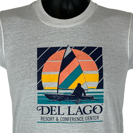 Camiseta vintage de los años 80 de Texas Del Lago Resort, talla extra pequeña, para hombre, color blanco, con barco en el lago Conroe