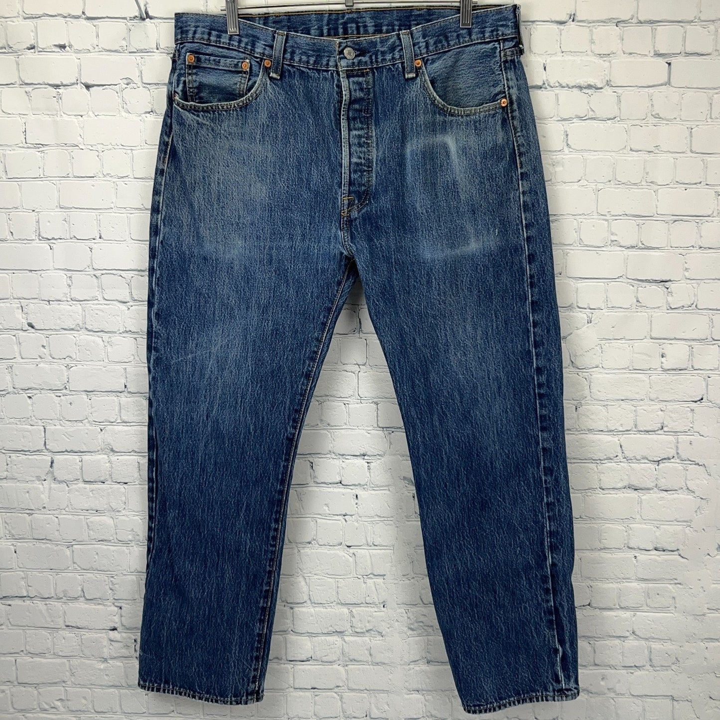 Levis 501 Button Fly Jeans Straight Fit Five Pockets Denim 0115 Blue Mens 38x29