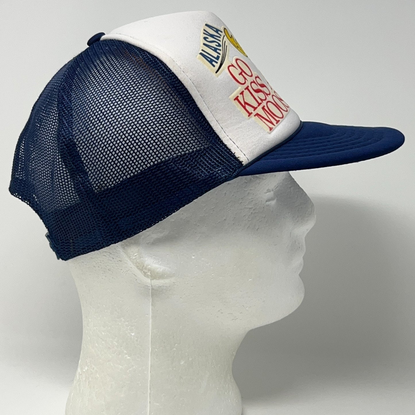 Vintage 80s Alaska Go Kiss a Moose Trucker Hat Baseball Cap Mesh Snapback Blue