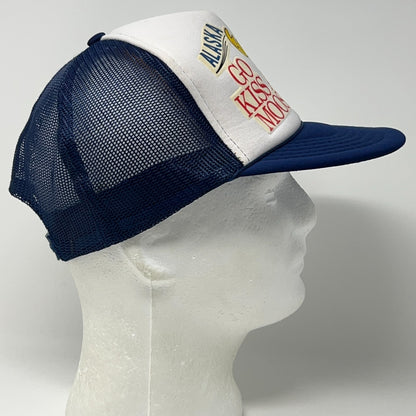 Vintage 80s Alaska Go Kiss a Moose Trucker Hat Baseball Cap Mesh Snapback Blue