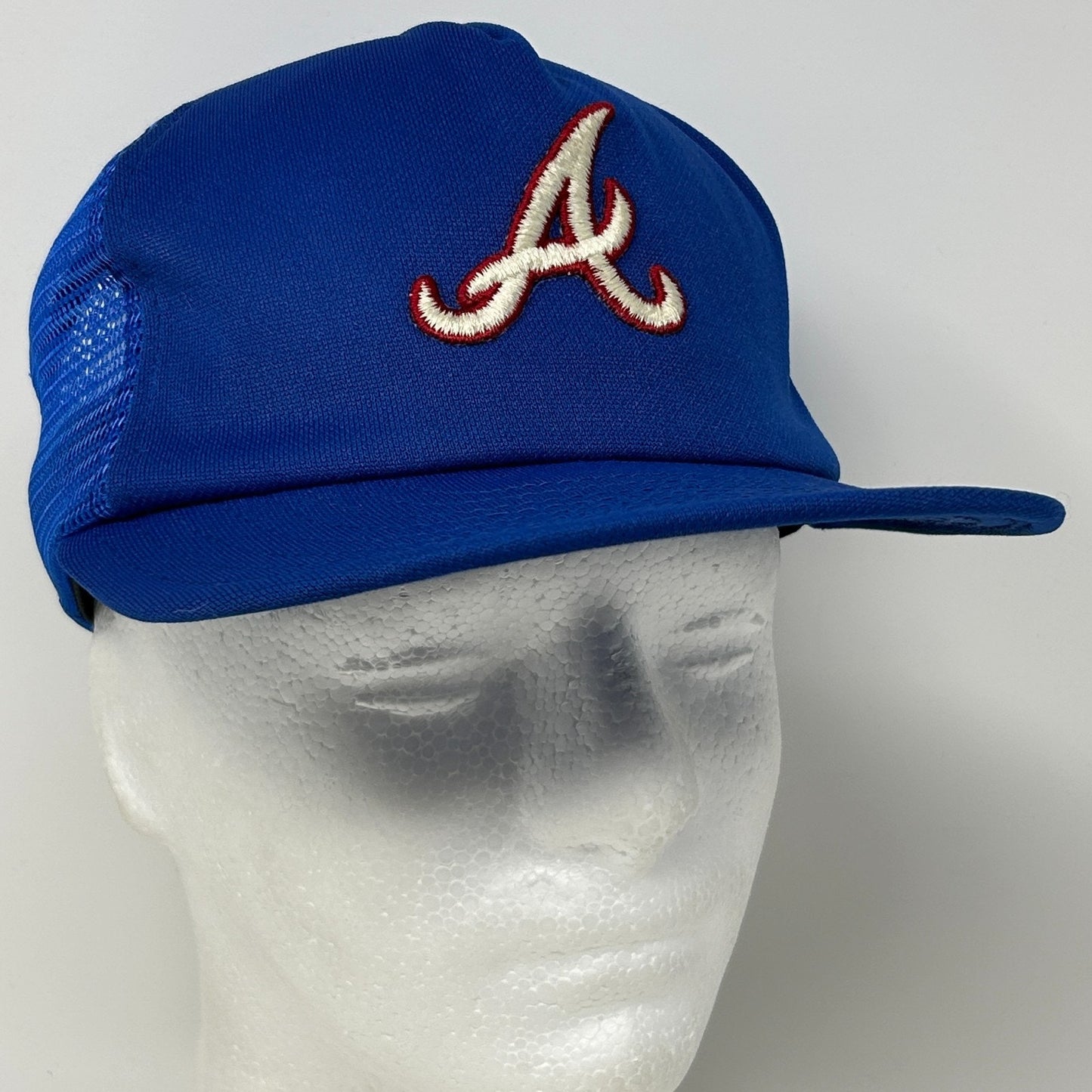 Vintage 80s Atlanta Braves Trucker Hat Baseball Cap MLB AJD Mesh Snapback Blue
