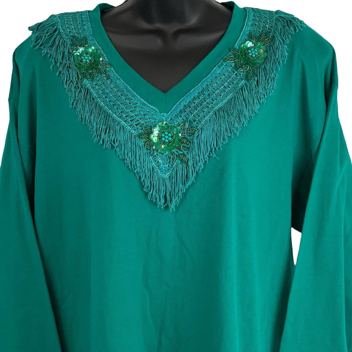 Cesucci Womens Vintage 90s Shirt Green V Neck Embellished Beads USA Made 2X New