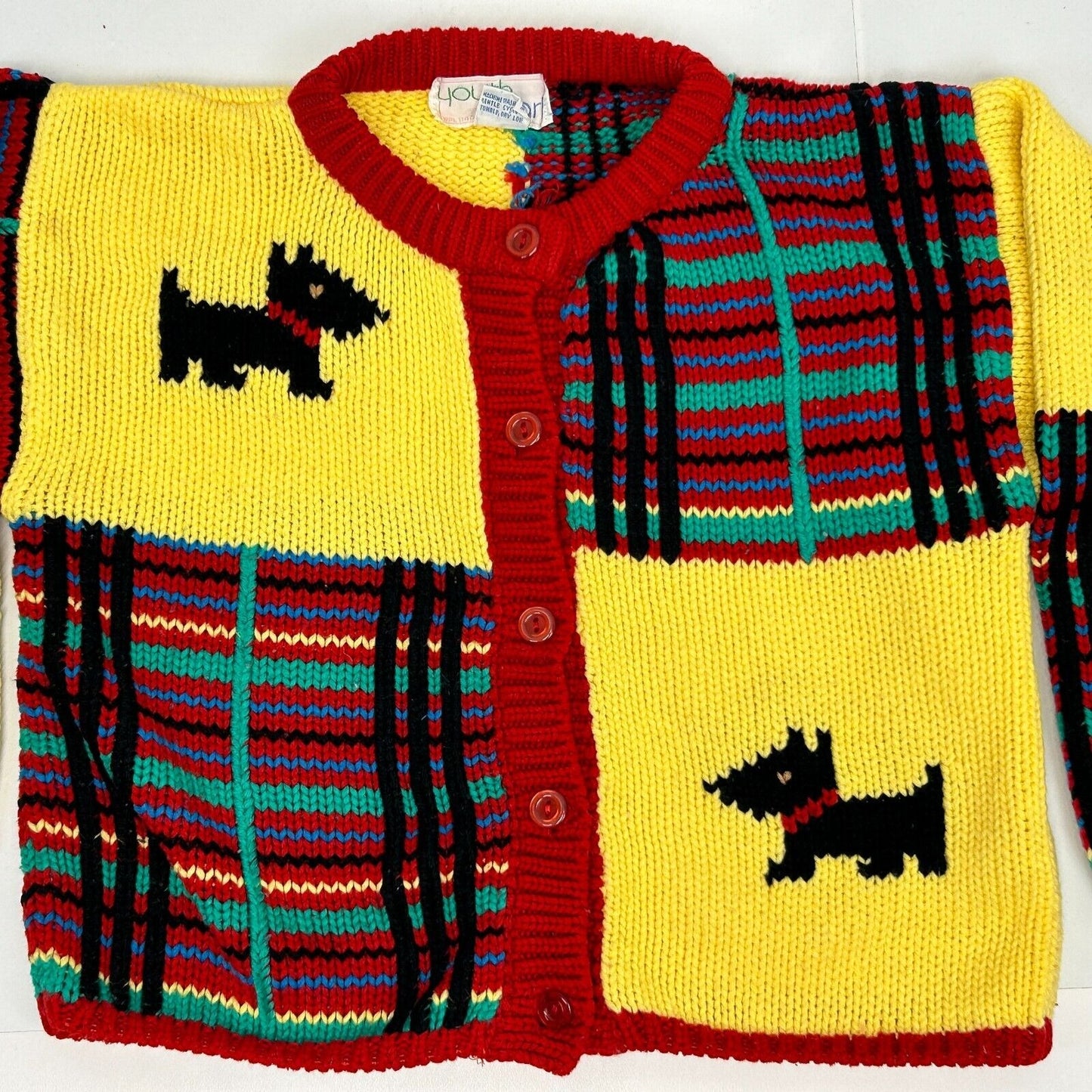 Vintage Scottie Dog Girls Cardigan Sweater Small Plaid Scottish Terrier 80s Red