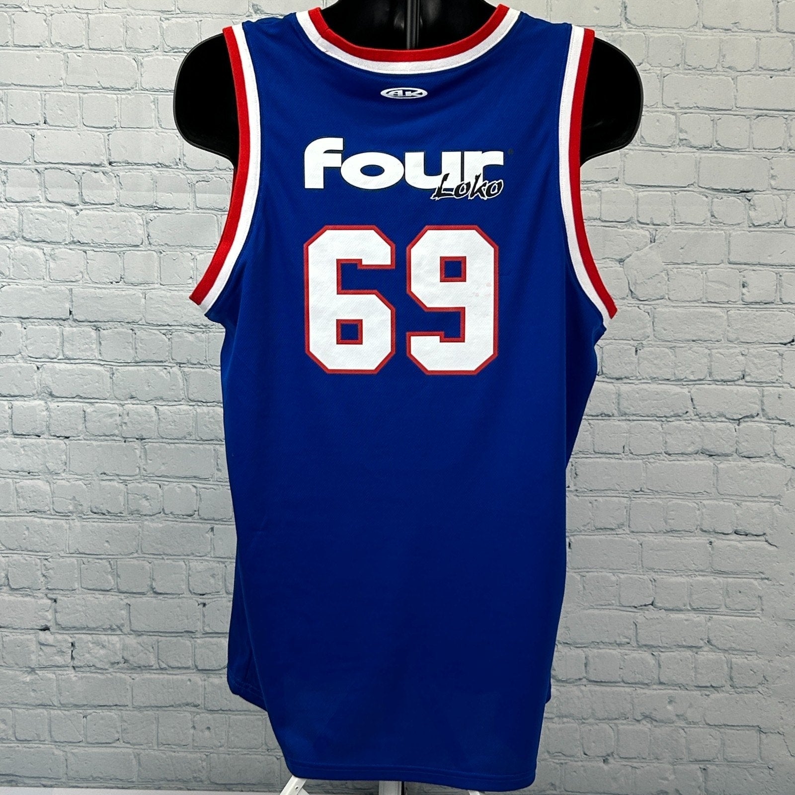 Four Loko 69 Tank Top Basketball Jersey Blue Athletic Knit Sleeveless L Large - Neon Vintage