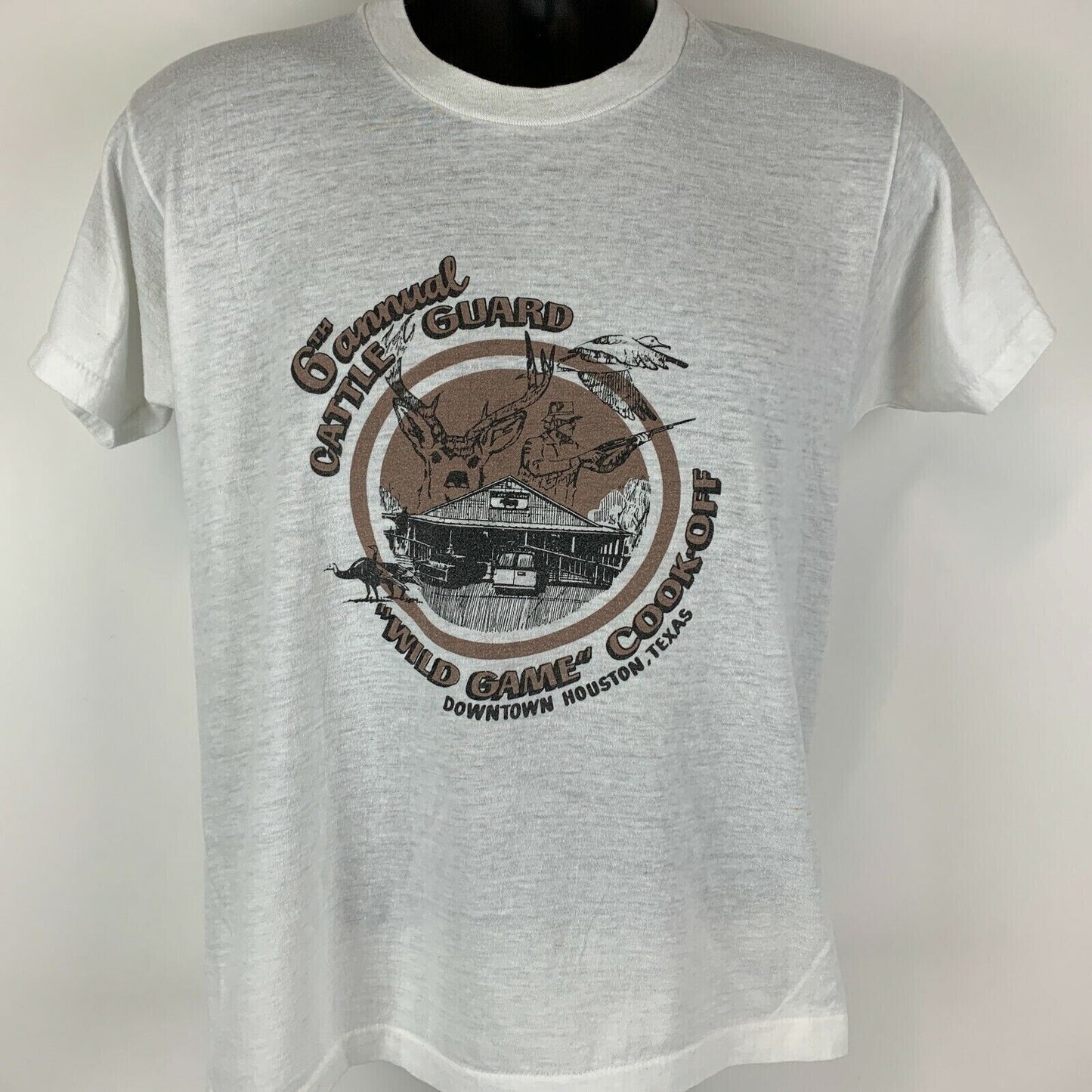 Camiseta vintage de los años 80 de Cattle Guard Wild Game Cook Off para hombre, talla mediana, Houston, color blanco