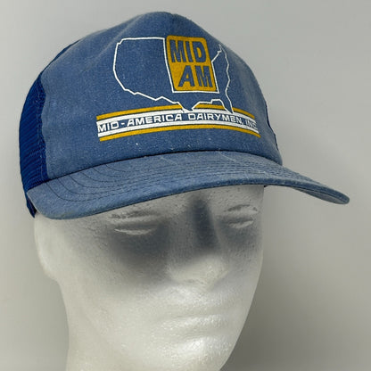 Vintage 80s Mid-America Dairymen Trucker Hat Baseball Cap Mid-Am Snapback Blue