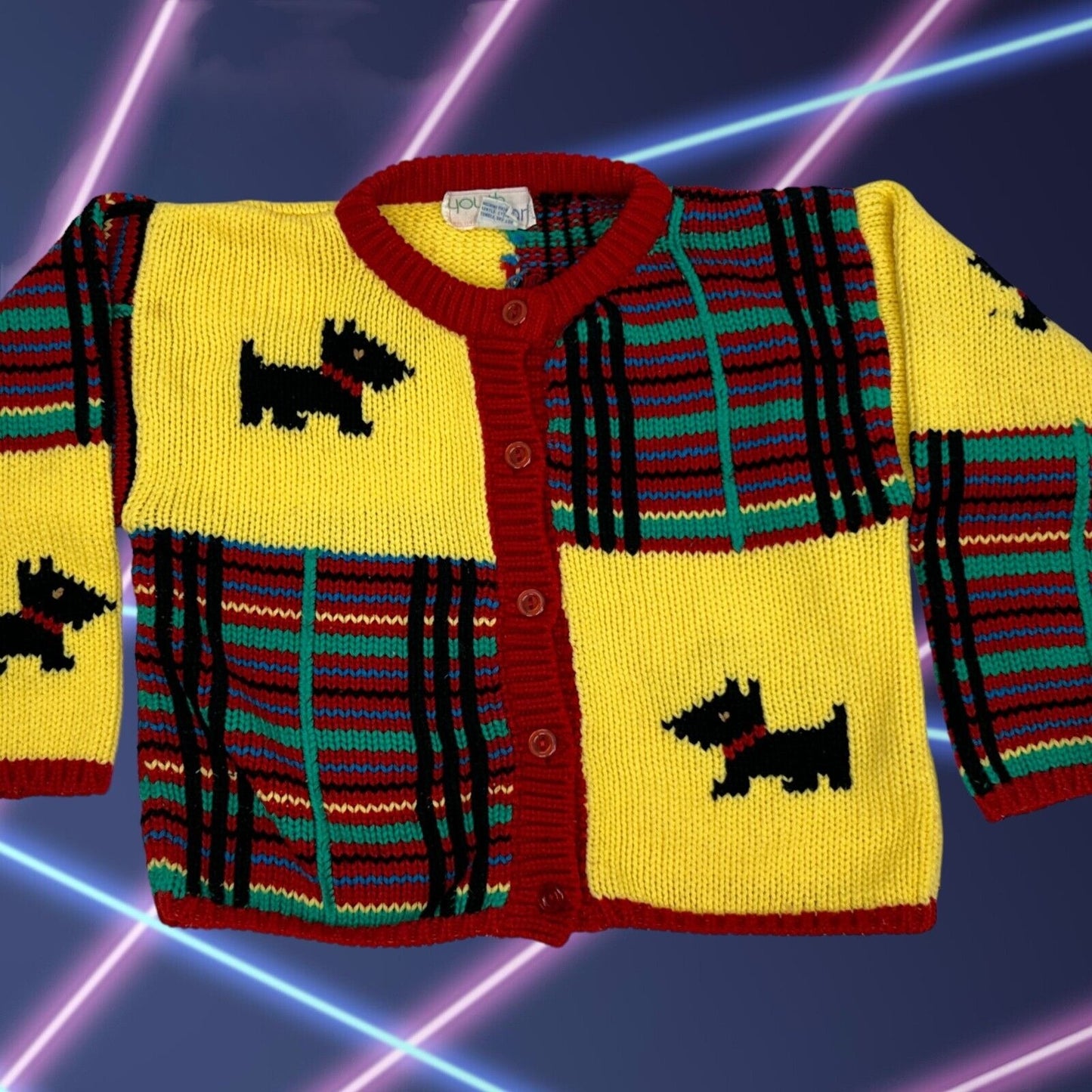 Vintage Scottie Dog Girls Cardigan Sweater Small Plaid Scottish Terrier 80s Red