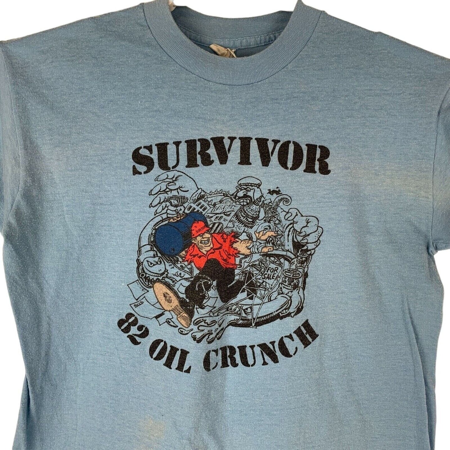 Camiseta vintage Survivor 1982 Oil Crunch, pequeña, gas, petróleo, Texas, años 80, para hombre, azul