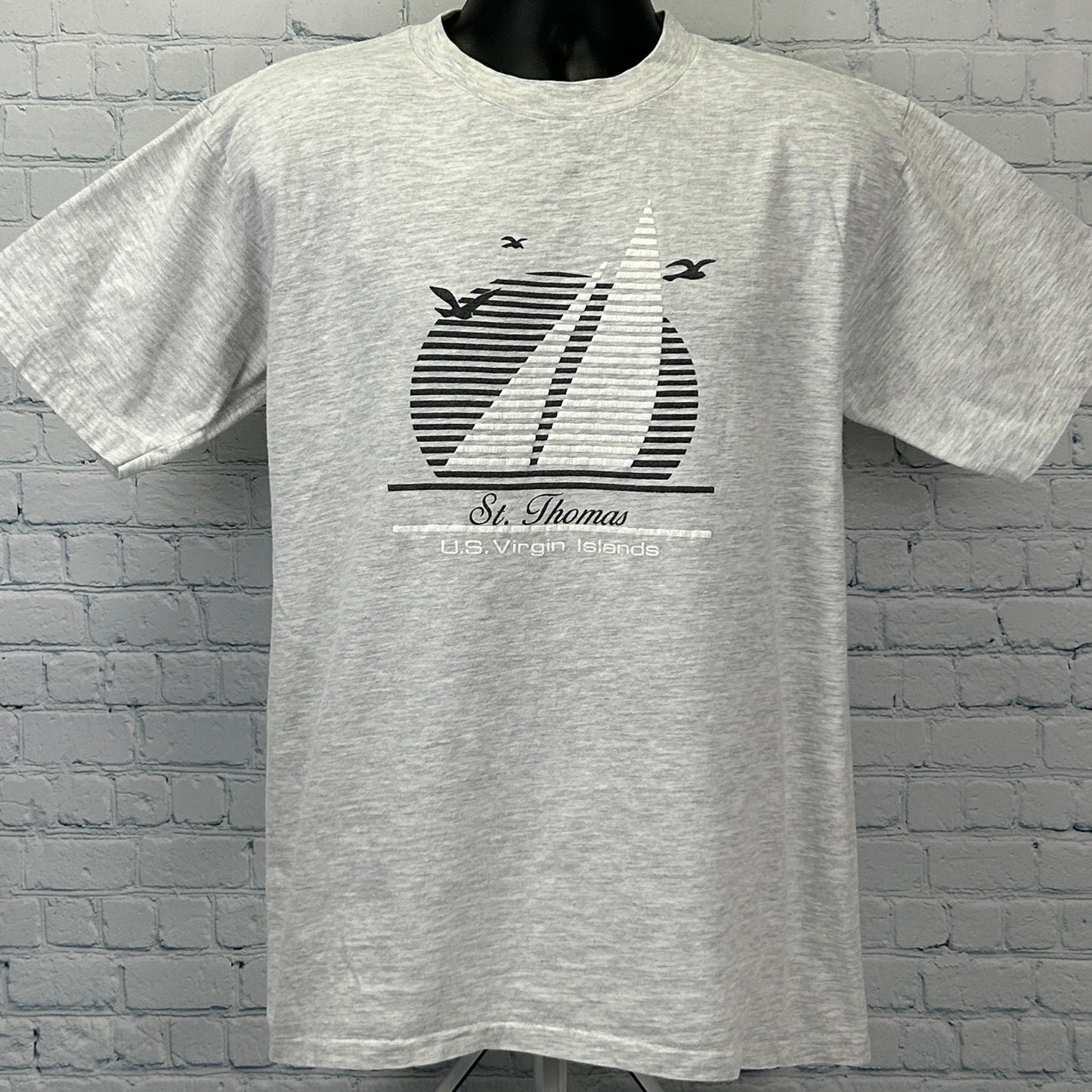 Vintage 90s St Thomas Sailboat T Shirt Gray Travel US Virgin Islands USA L Large