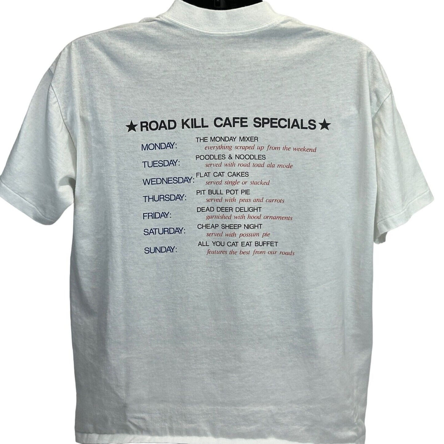 Camiseta vintage Road Kill Cafe para hombre, talla extragrande, blanca, divertida, con un solo punto y humor, años 90