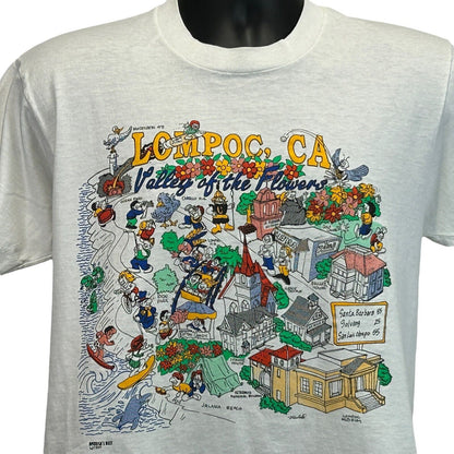 Lompoc California Map Vintage T Shirt Medium 90s Valley of Flowers Mens White