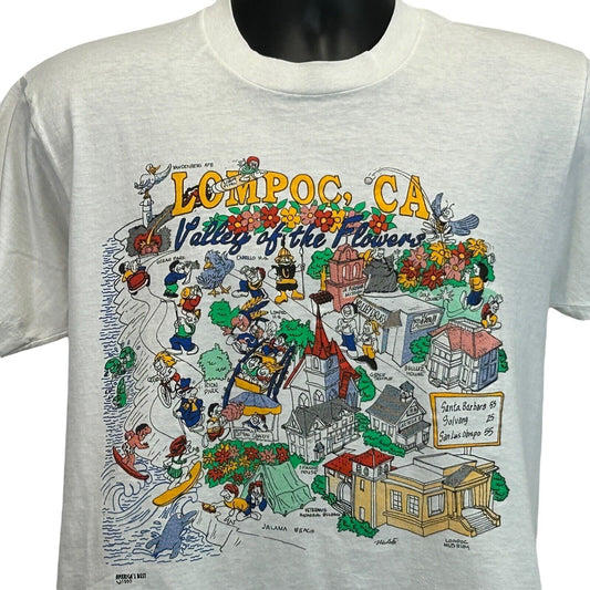 Camiseta vintage con mapa de Lompoc, California, talla mediana, años 90, Valley of Flowers, para hombre, color blanco