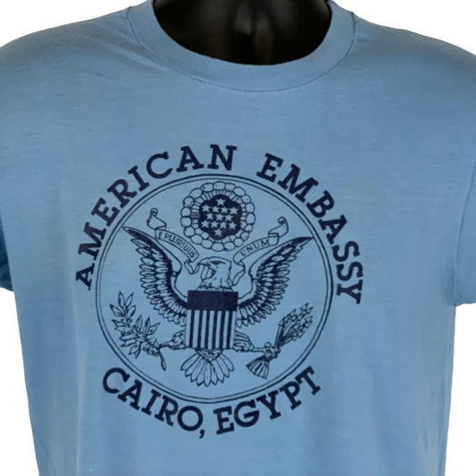 Camiseta vintage de los años 80 de la embajada de Estados Unidos en El Cairo, Egipto, talla mediana, camiseta africana para hombre, azul