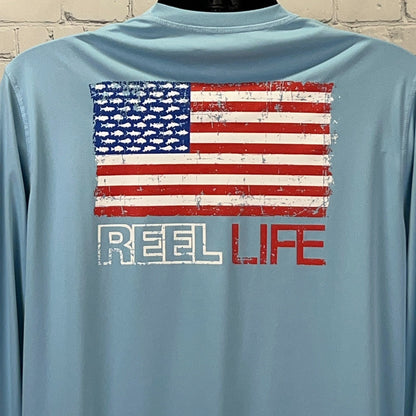 Reel Life American Flag Fish Long Sleeve Fishing Shirt Light Blue Mens L Large