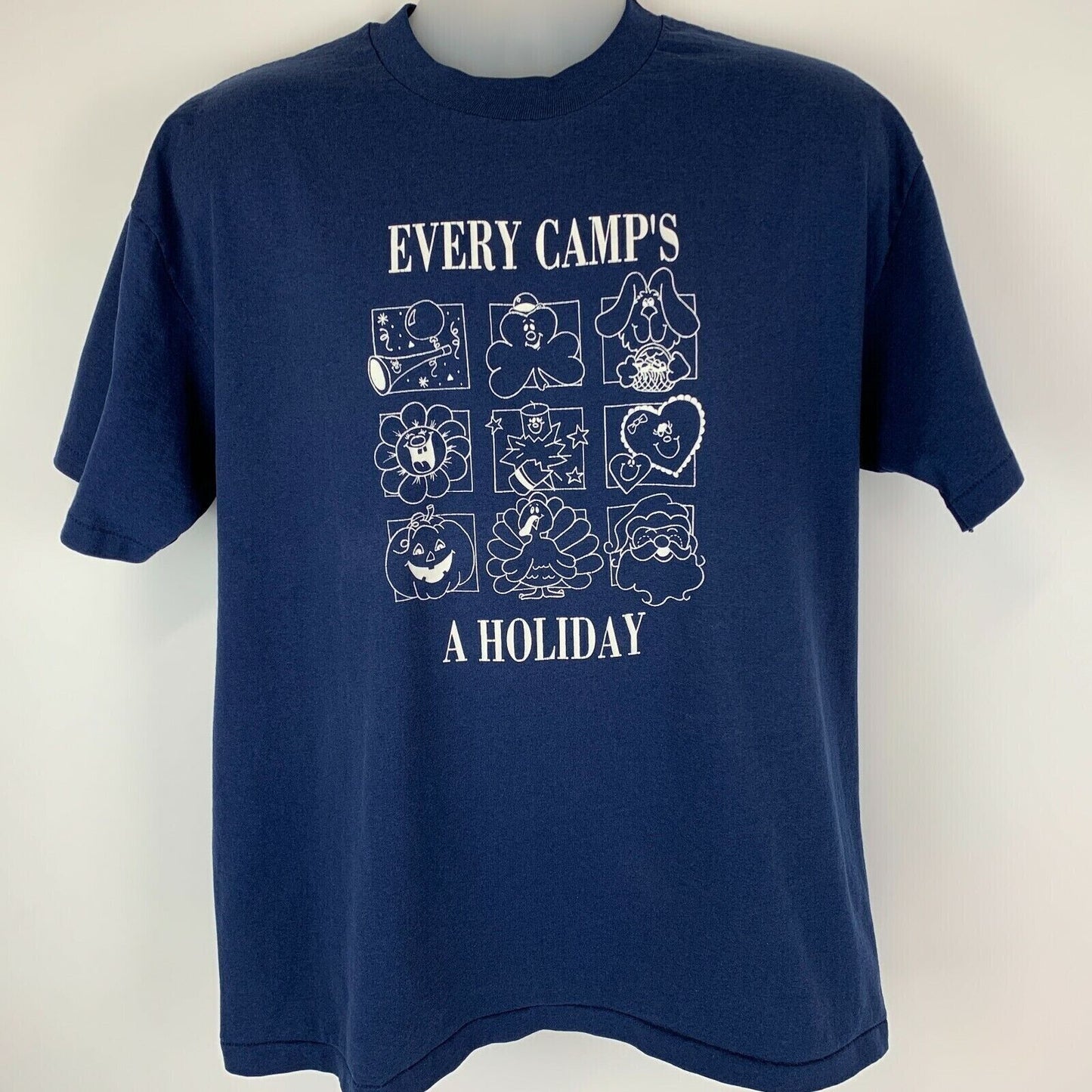 Every Camps a Holiday Vintage 80s T Shirt X-Large Seasons Camping USA Mens Blue