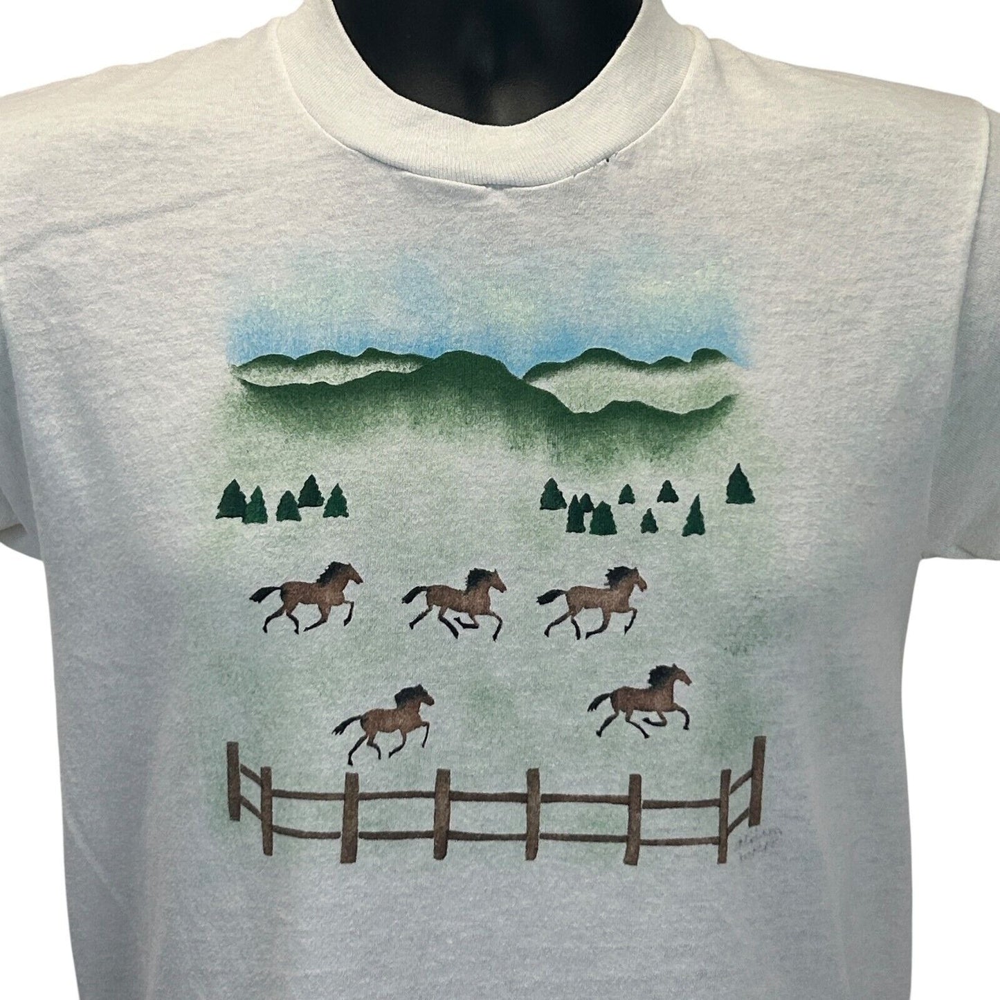 Vintage Vermont Horses T Shirt Mens X-Small Hand Airbrushed Cowboy 80s USA White