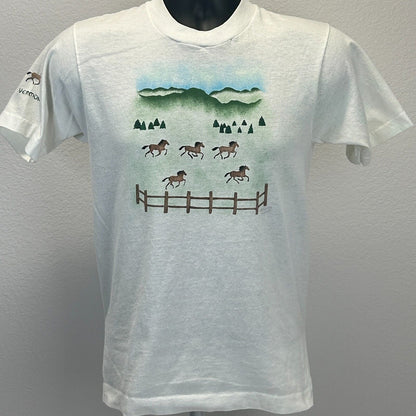 Vintage Vermont Horses T Shirt Mens X-Small Hand Airbrushed Cowboy 80s USA White