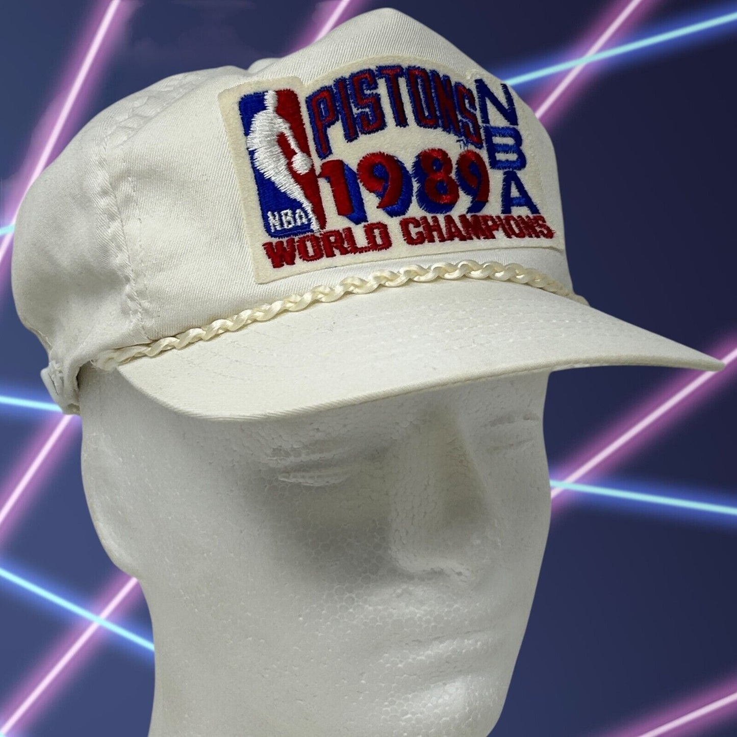 Vintage Detroit Pistons 1989 Champions Baseball Hat Cap NBA Rope Strapback White