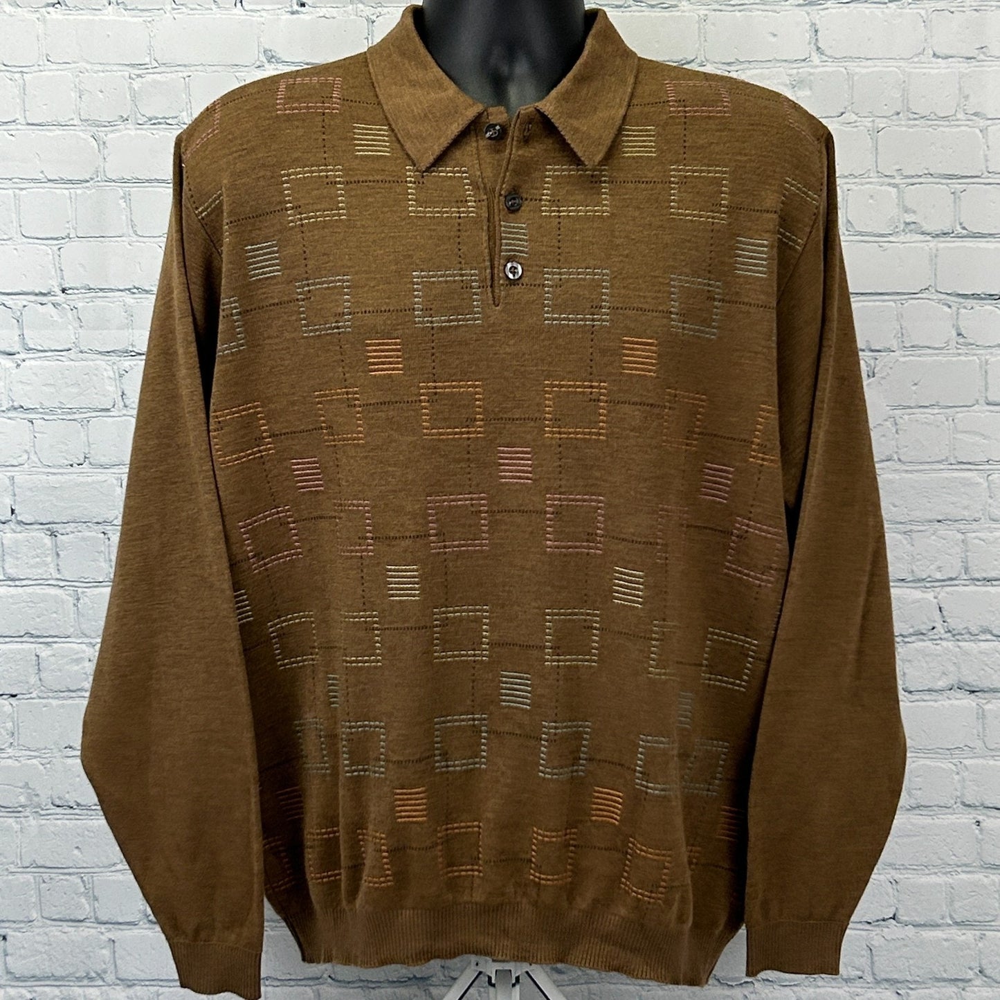 Vintage 90s St Croix Shop Wool Blend Polo Sweater Geometric Brown Mens L Large
