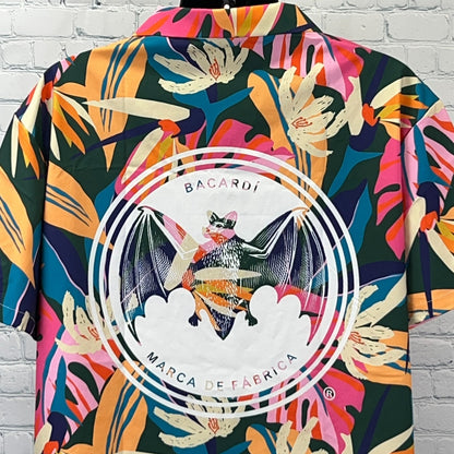 Bacardi Rum Hawaiian Camp Shirt Green Bat Logo Alcoholic Beverage Mens L Large