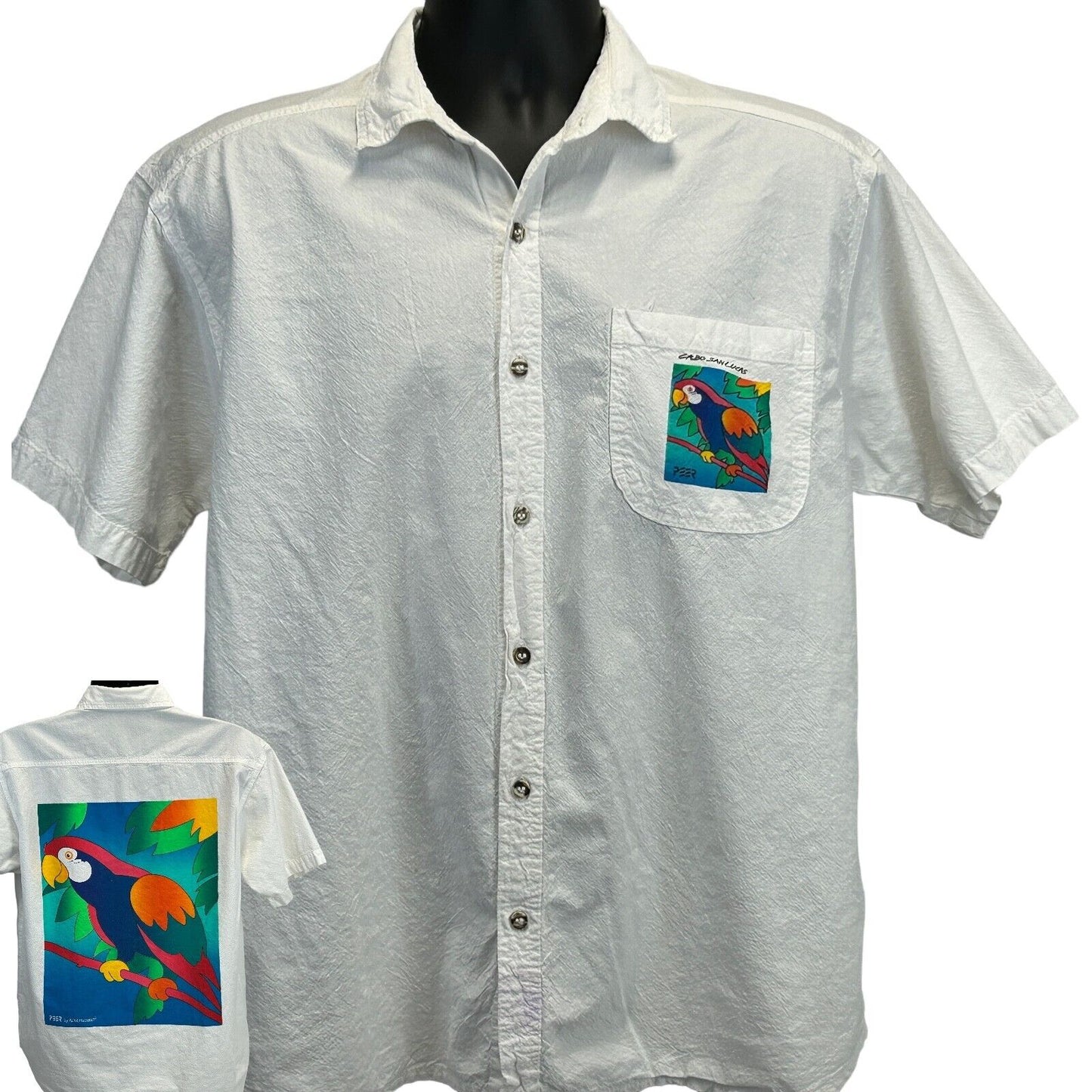 Peer white shirt featuring a colorful Cabo San Lucas parrot graphic on the chest pocket and back