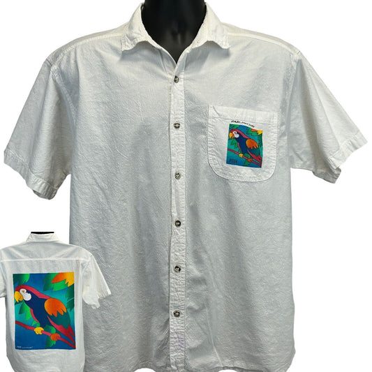 Peer white shirt featuring a colorful Cabo San Lucas parrot graphic on the chest pocket and back