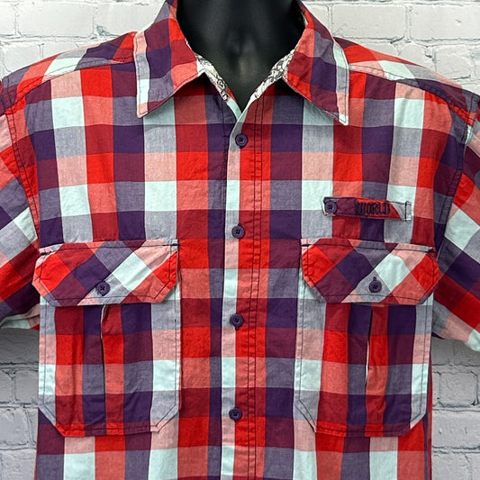 World Industries Button Front Shirt Red Check Plaid Skateboards Mens XL X-Large