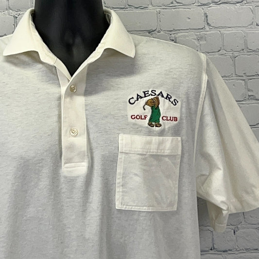 White Caesars Golf Polo with embroidered logo and front pocket, size medium, front view