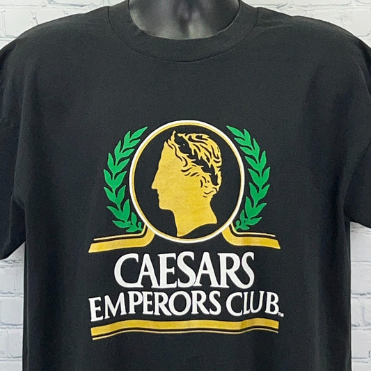 Black Fruit of the Loom T-shirt featuring Caesars Palace logo in yellow and green on the front