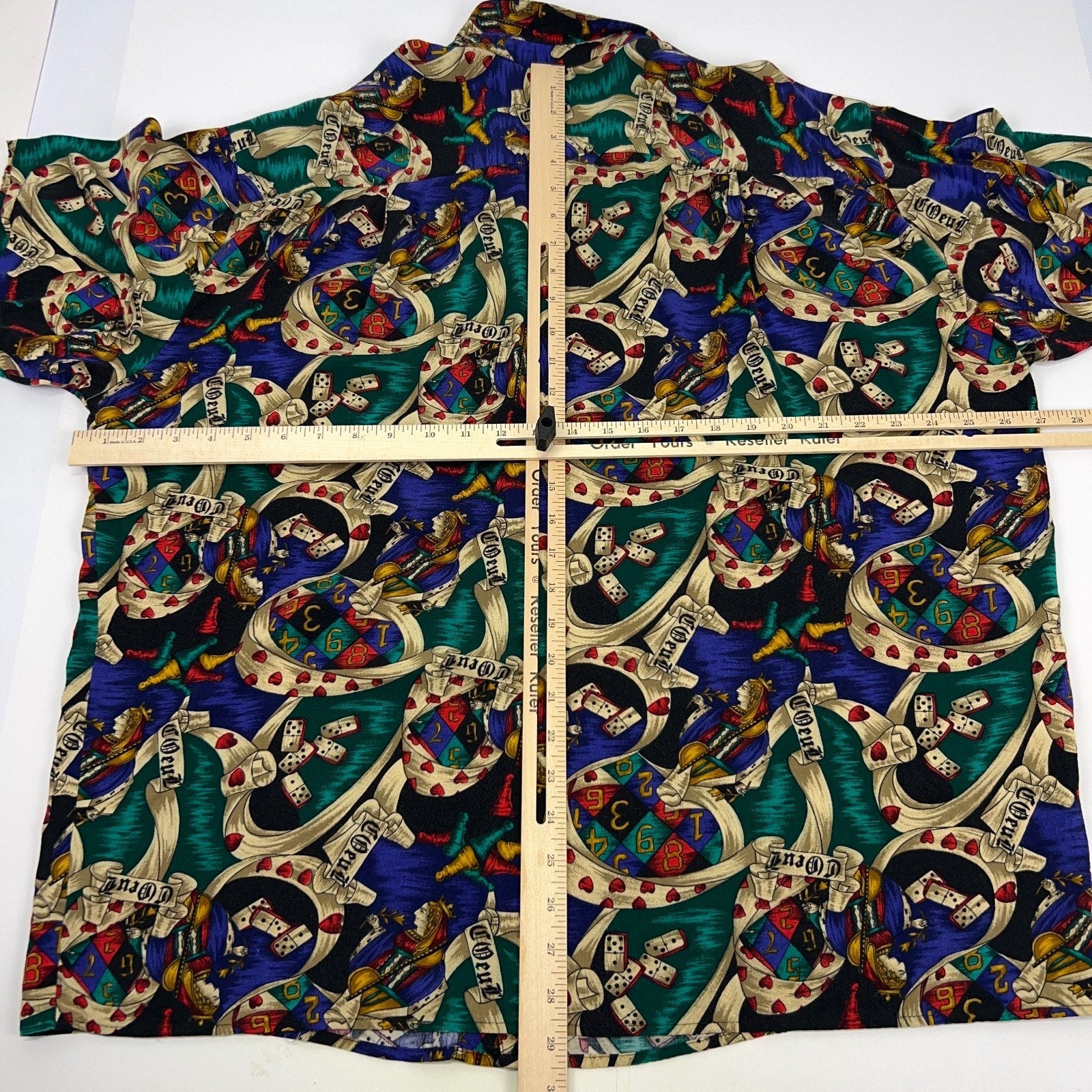 Vintage shirt from Vintage era in colorful print, front view, size unspecified, vintage