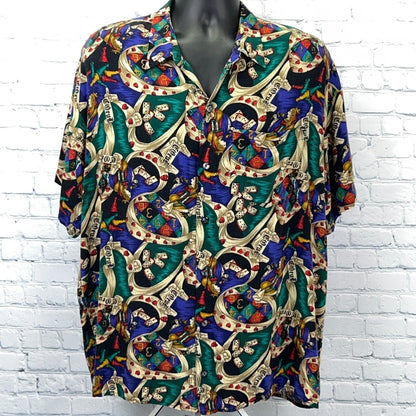 Vintage brand short sleeve shirt with colorful patterns in size XL, front view, vintage shirt