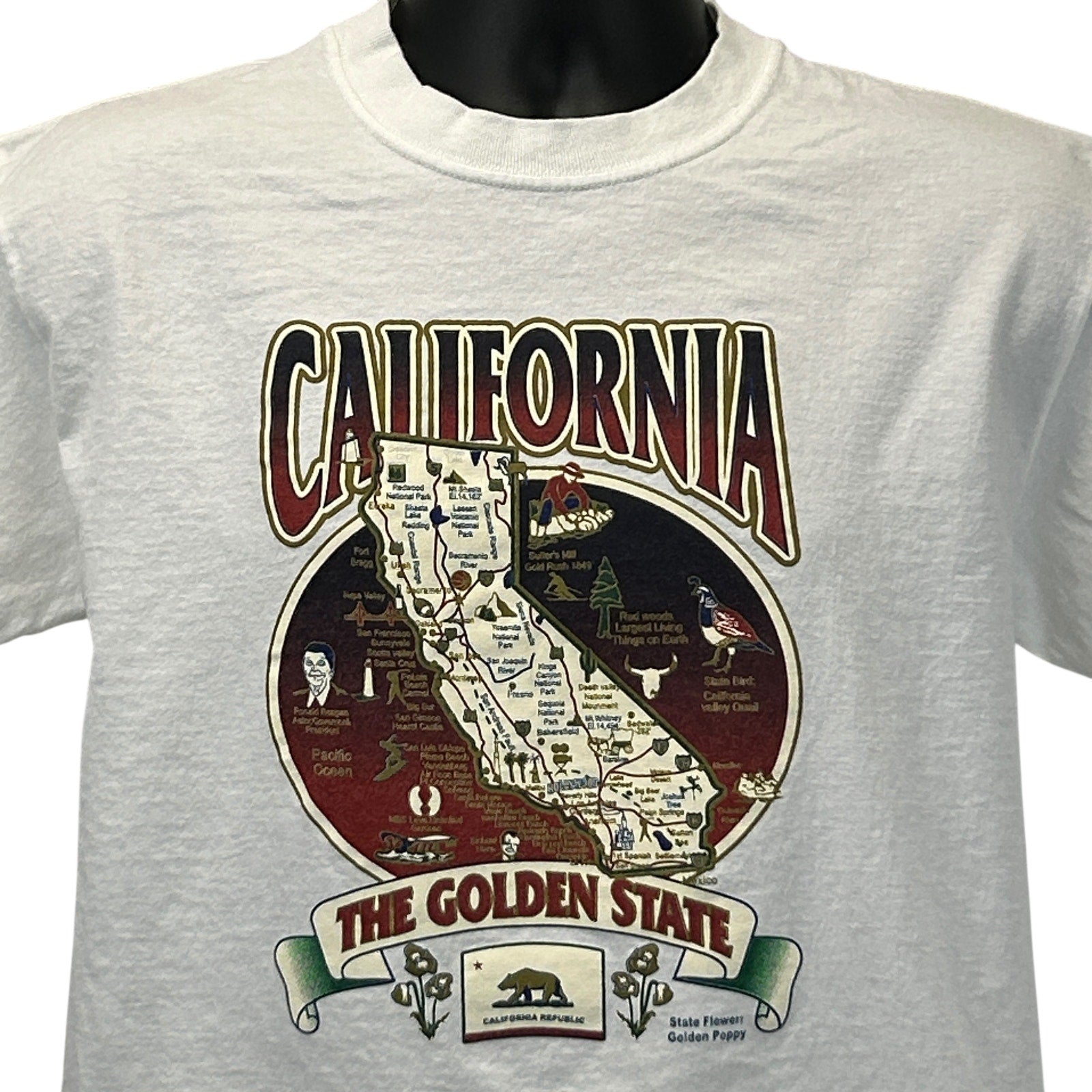 Anvil California T-Shirt in white featuring a vintage map design with state symbols, front view