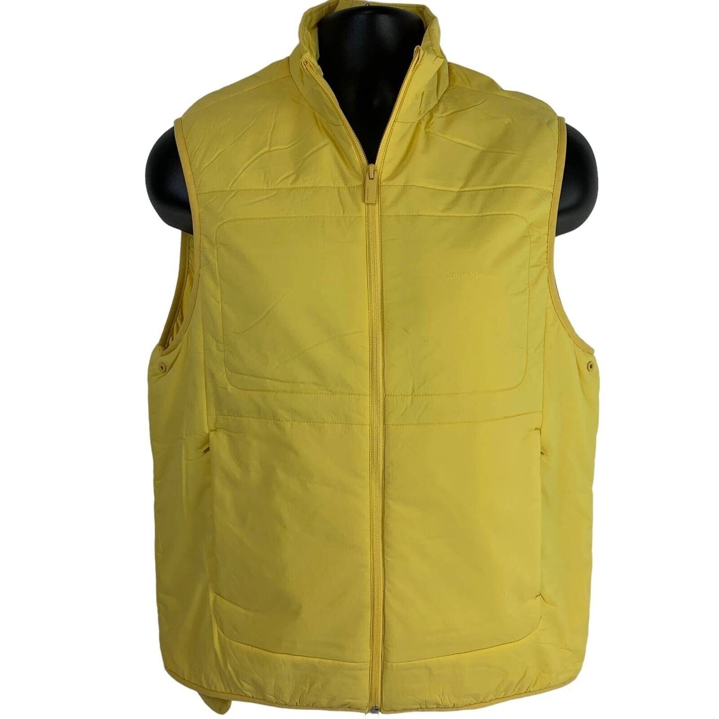 Calvin Klein Yellow Puffer Vest in Large, Front View with Zipper and Side Pockets