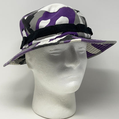Front view of Unbranded Camouflage Bucket Hat in purple and gray with black adjustable strap and wide brim