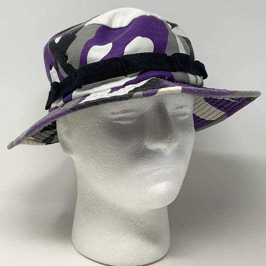 Front view of Unbranded Camouflage Bucket Hat in purple and gray with black adjustable strap and wide brim