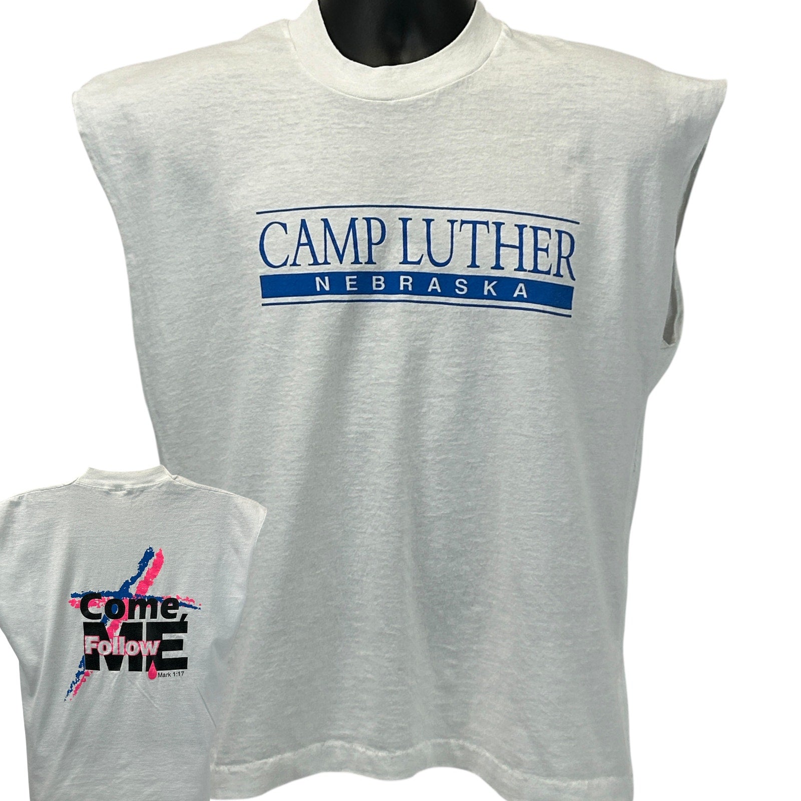 White Fruit of the Loom T-Shirt featuring Camp Luther Nebraska logo on the front and unique graphic on the back
