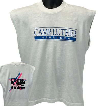 White Fruit of the Loom T-Shirt featuring Camp Luther Nebraska logo on the front and unique graphic on the back