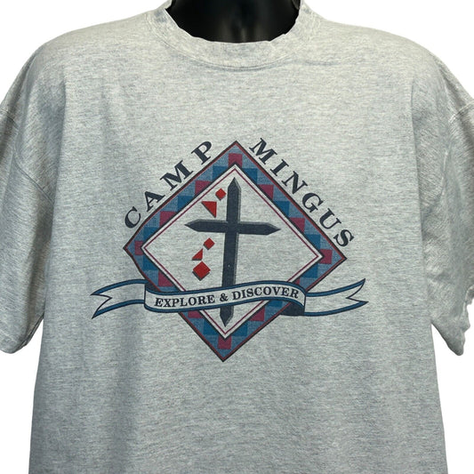 Gray Christian T-Shirt featuring Camp Mingus logo on the front with cross and diamond design