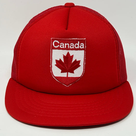 Red Canada Hat featuring embroidered maple leaf logo and adjustable snapback design