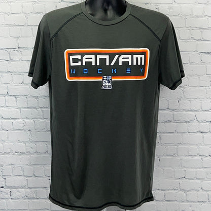 Men's dark green CAN/AM Hockey t-shirt with logo in front view and bold graphic design