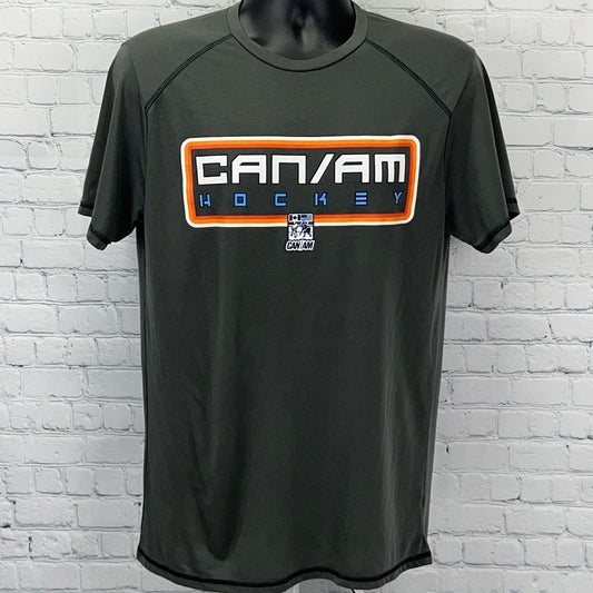 Men's dark green CAN/AM Hockey t-shirt with logo in front view and bold graphic design