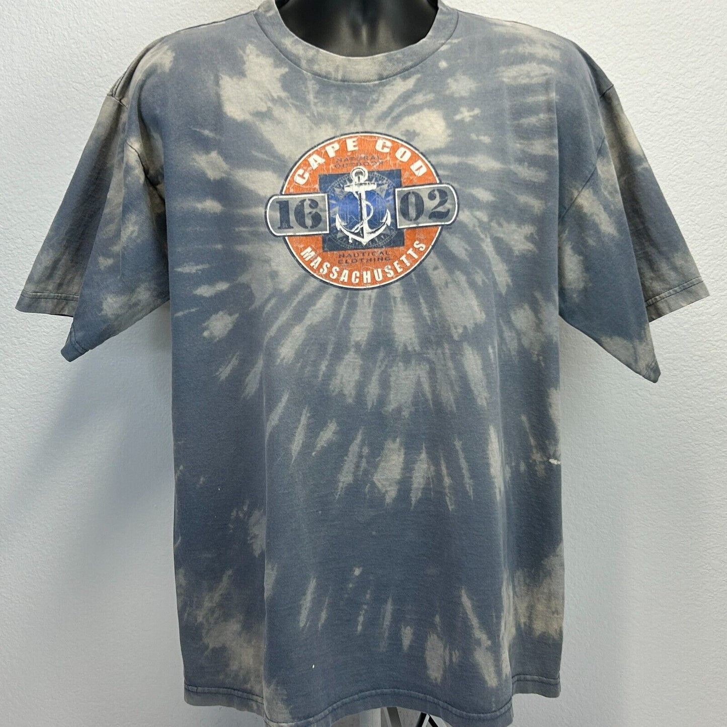 Cape Cod tie-dye T-shirt in gray with a front graphic featuring an anchor and '1620 02 Massachusetts'