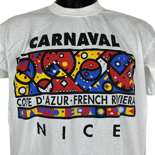 Vintage White T-Shirt with Colorful Carnaval Nice French Riviera Graphic on Front