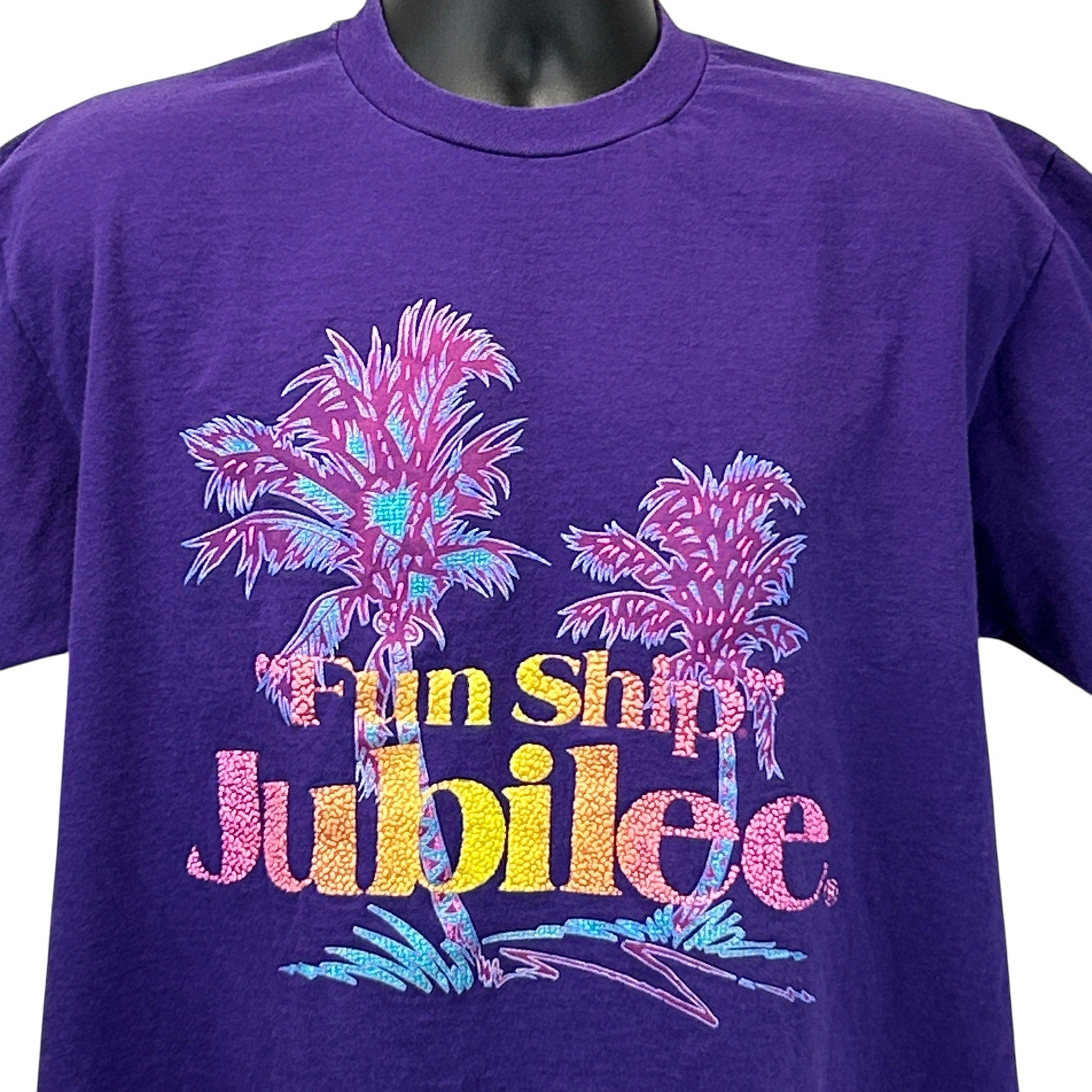 Jerzees Purple T-Shirt featuring Carnival Cruise Line Fun Ship Jubilee graphic with palm trees design