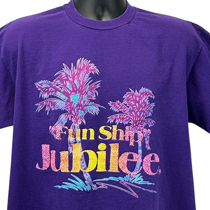 Jerzees Purple T-Shirt featuring Carnival Cruise Line Fun Ship Jubilee graphic with palm trees design