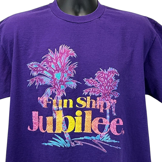 Jerzees Purple T-Shirt featuring Carnival Cruise Line Fun Ship Jubilee graphic with palm trees design