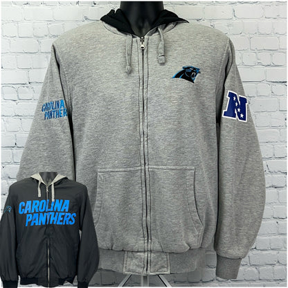 Gray G-III Carolina Panthers Hoodie with Front Zipper and Team Logo on Chest and Sleeve
