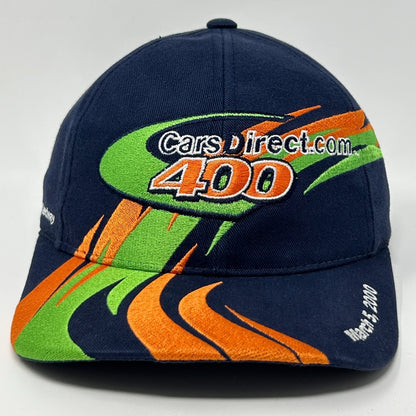 Navy blue vintage NASCAR cap featuring CarsDirect.com 400 logo and vibrant graphics on the brim