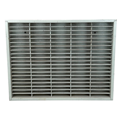 Front view of a Napa Valley Box Company air filter in gray with horizontal slats designed for optimal airflow