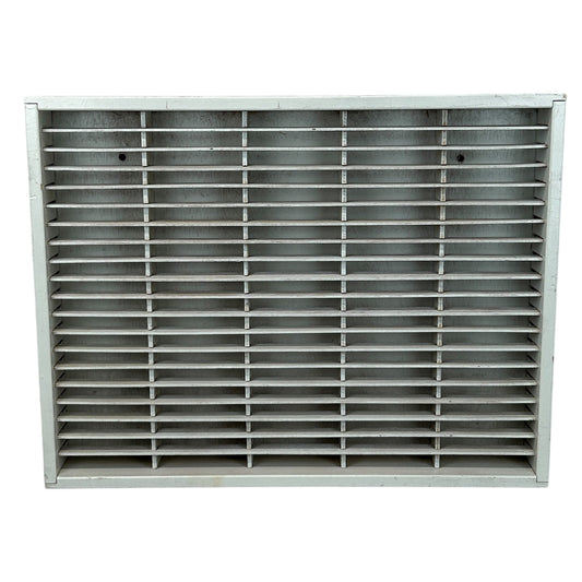 Front view of a Napa Valley Box Company air filter in gray with horizontal slats designed for optimal airflow